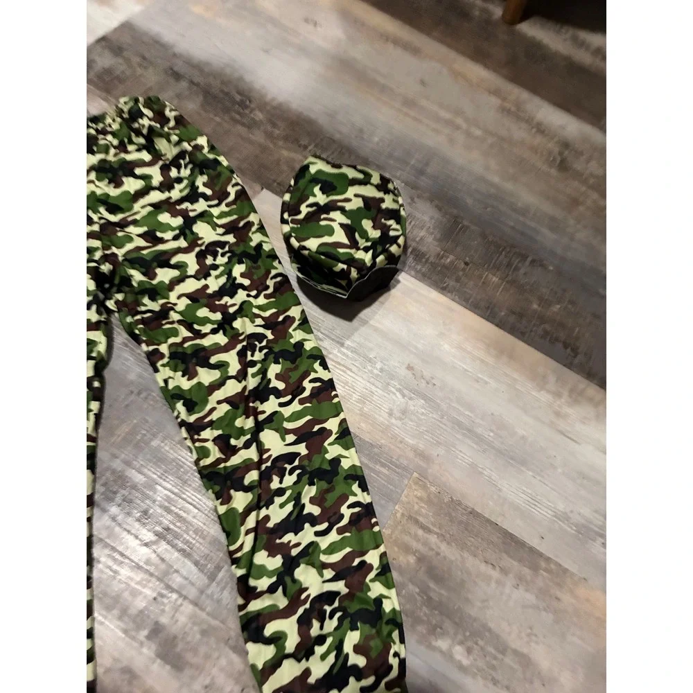 Kids Camouflage Military Costume Set 3-Piece Top Pants Hat Green Camo Large